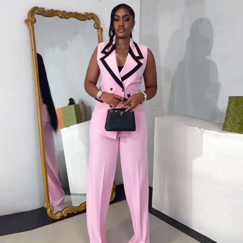 Pants Set Women Two Piece Sets Matching Sets Work Elegant Double Breasted Tops Vest Wide Leg Long Pants High Waist Y2k Pink Good Vibrations