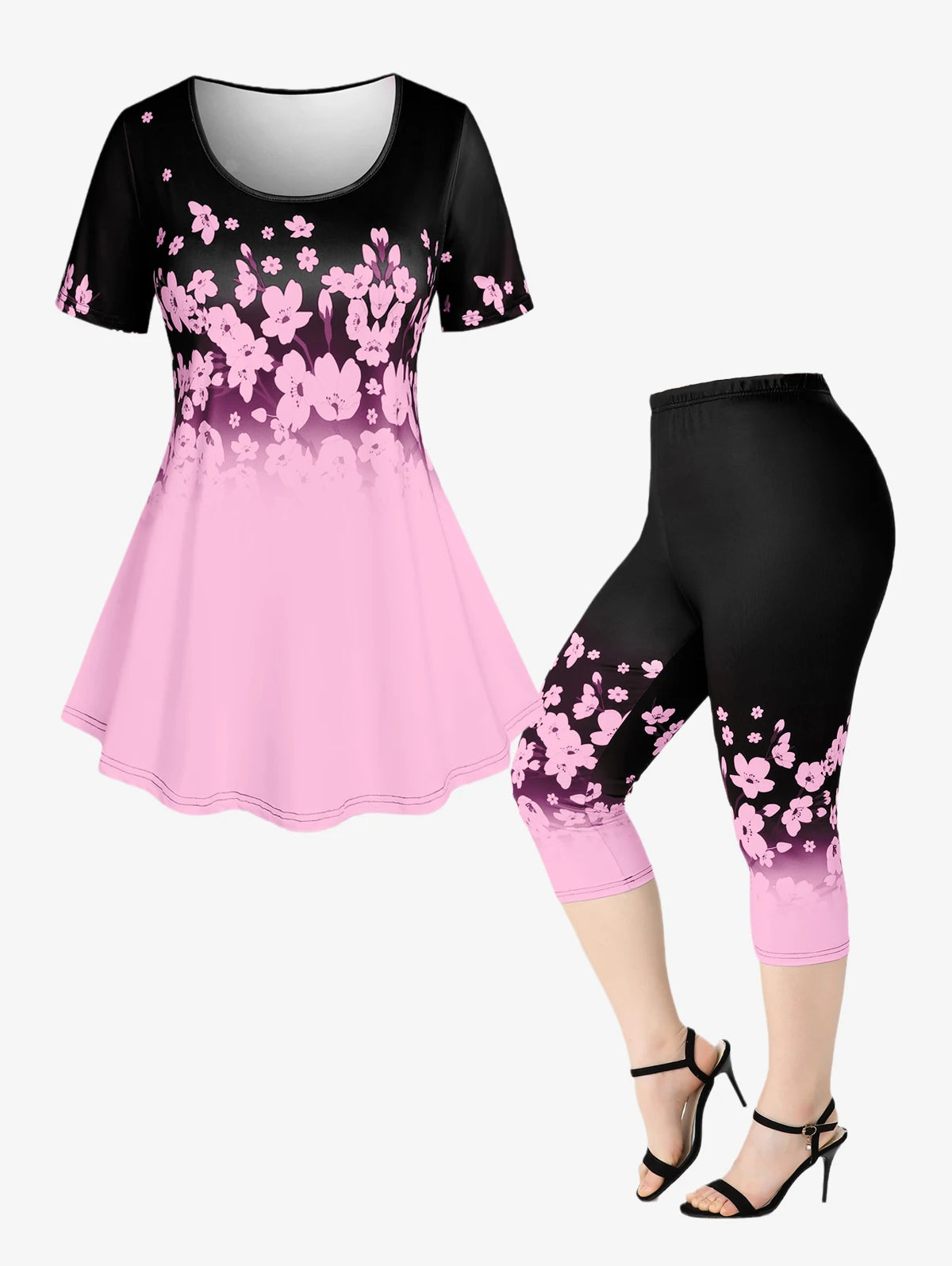 ROSEGAL Plus Size 3D Printed Outfit Female Colorblock Suit Floral Graphic Tee And Capri Leggings Size Is Too Large Matching Set Good Vibrations