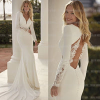 Sexy Elegant Wedding Dresses Woman's Mermaid Long Sleeve Train Sexy V Neck Backless Satin Bride Gowns Vestidos Novia Customized Good Vibrations