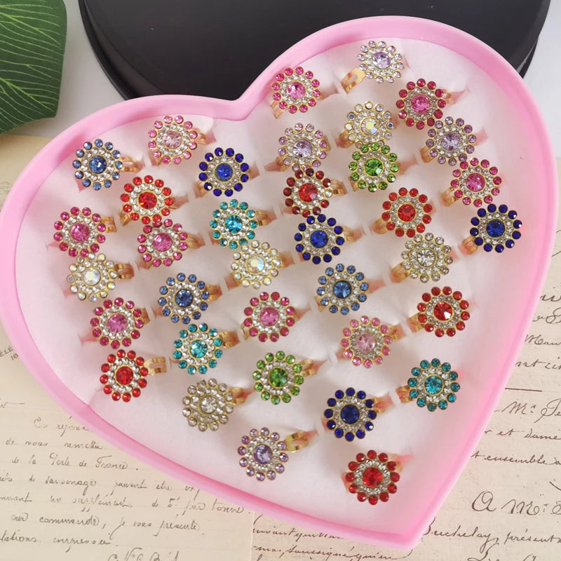12/36PCS/set Adjustable Kids Crystal Rings Jewelry Heart Star Square Open Finger Ring For Children Girl Party Gift Good Vibrations