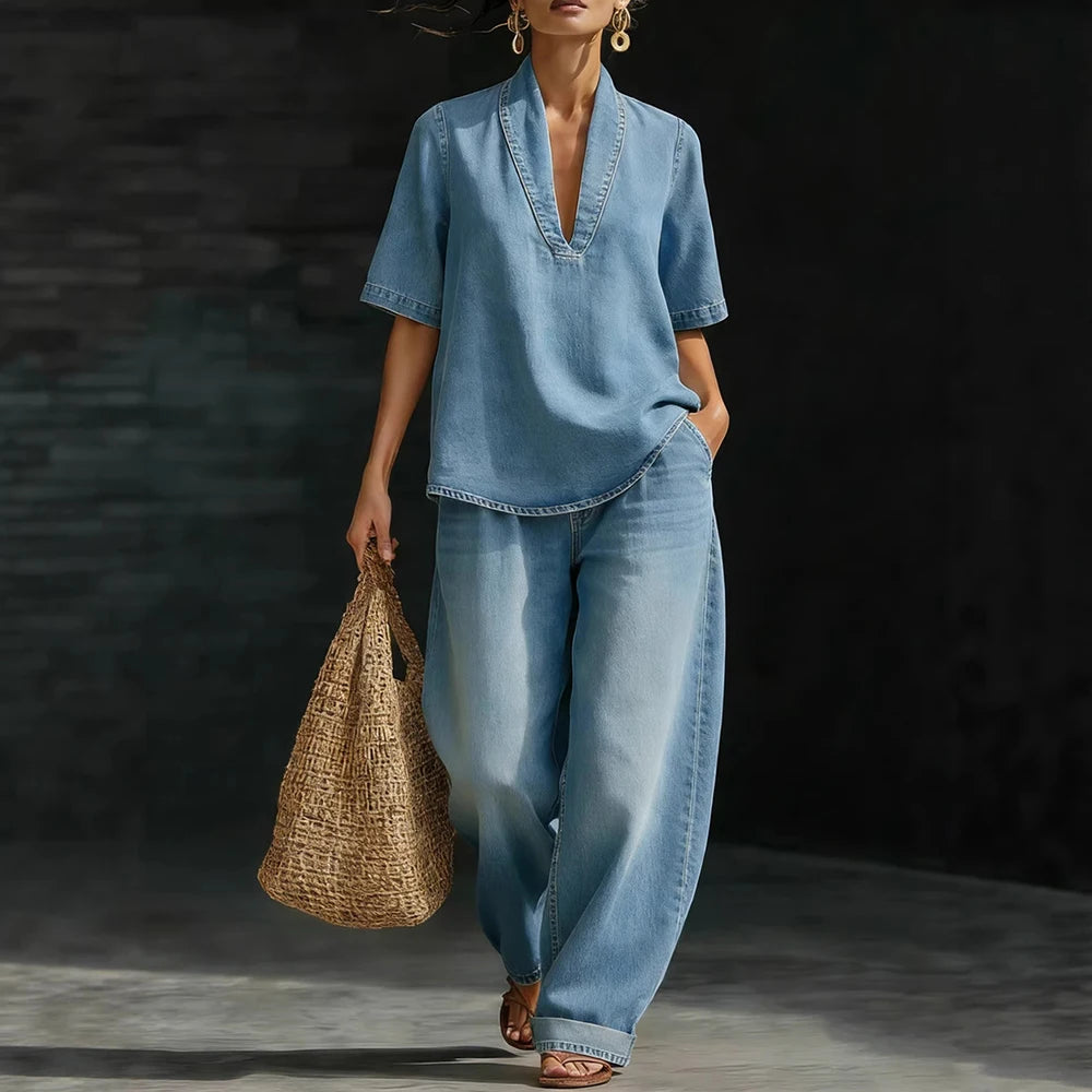 Women Denim Two Piece Set V Neck Half Sleeve Top T-Shirt Loose Wide Leg Pants Casual Outfit Streetwear Fashion Summer Suit Sets Good Vibrations