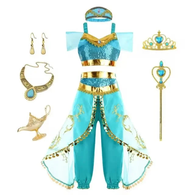 Jasmine Girls Aladdin Costume Halloween Princess Dress Kids Birthday Party Christmas Arabian Cosplay 4 5 6 7 8 9 10 Years Good Vibrations