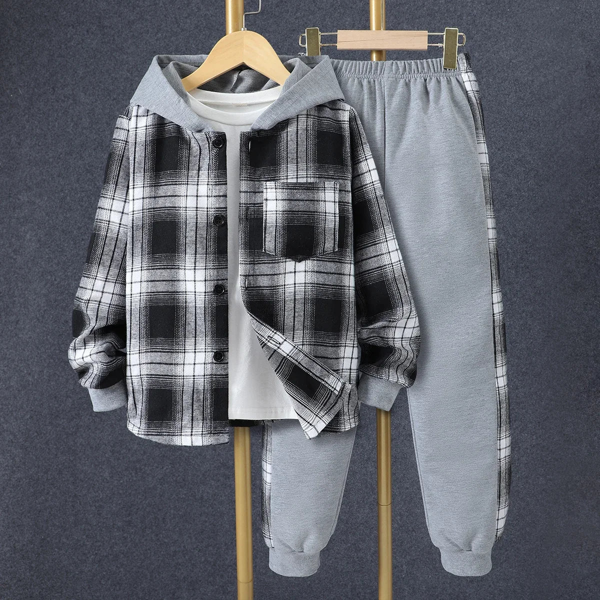 Kids Boys' Autumn Casual Checker Hoodie Set Shirt Suit Soft Ventilate Fashion Boys Suit Plaid Children's Clothing Set Good Vibrations
