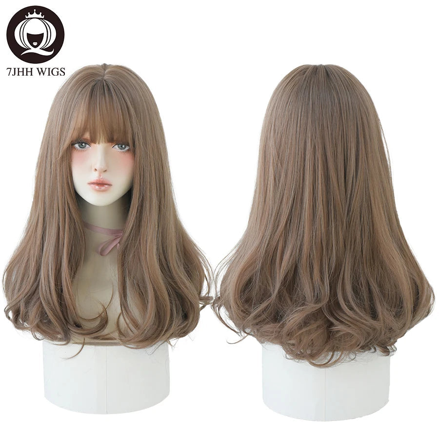 7JHHWIGS Long Wavy Synthetic Black Wigs For Women With Fringe Fashion Heat Resistant Mid-Length Daily Straight Light Brown Hair Good Vibrations