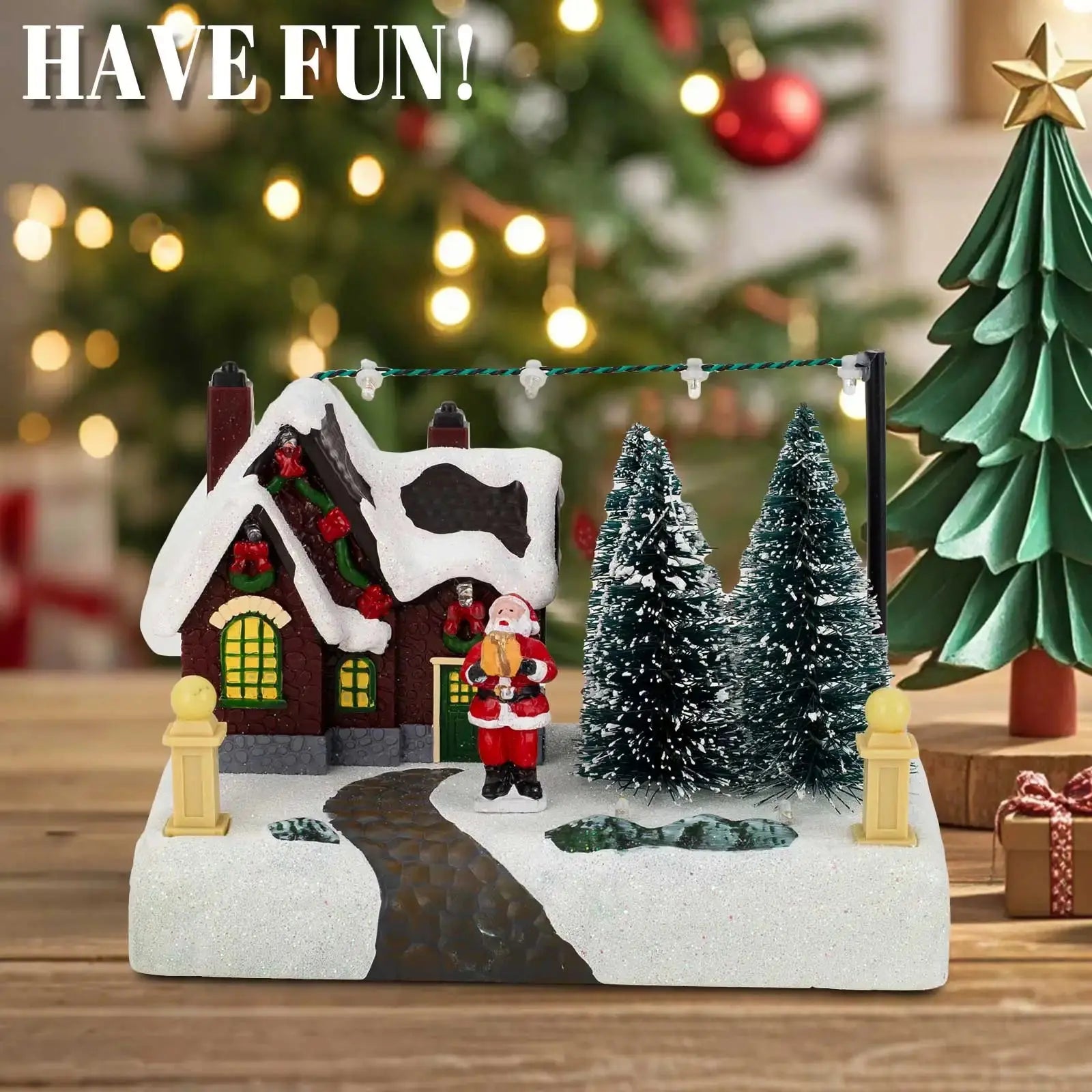 Christmas Village Scene Collectible Building with Lights Trees Santa Claus Snow Town Landscape Decor Holiday Home Desk Fireplace Good Vibrations