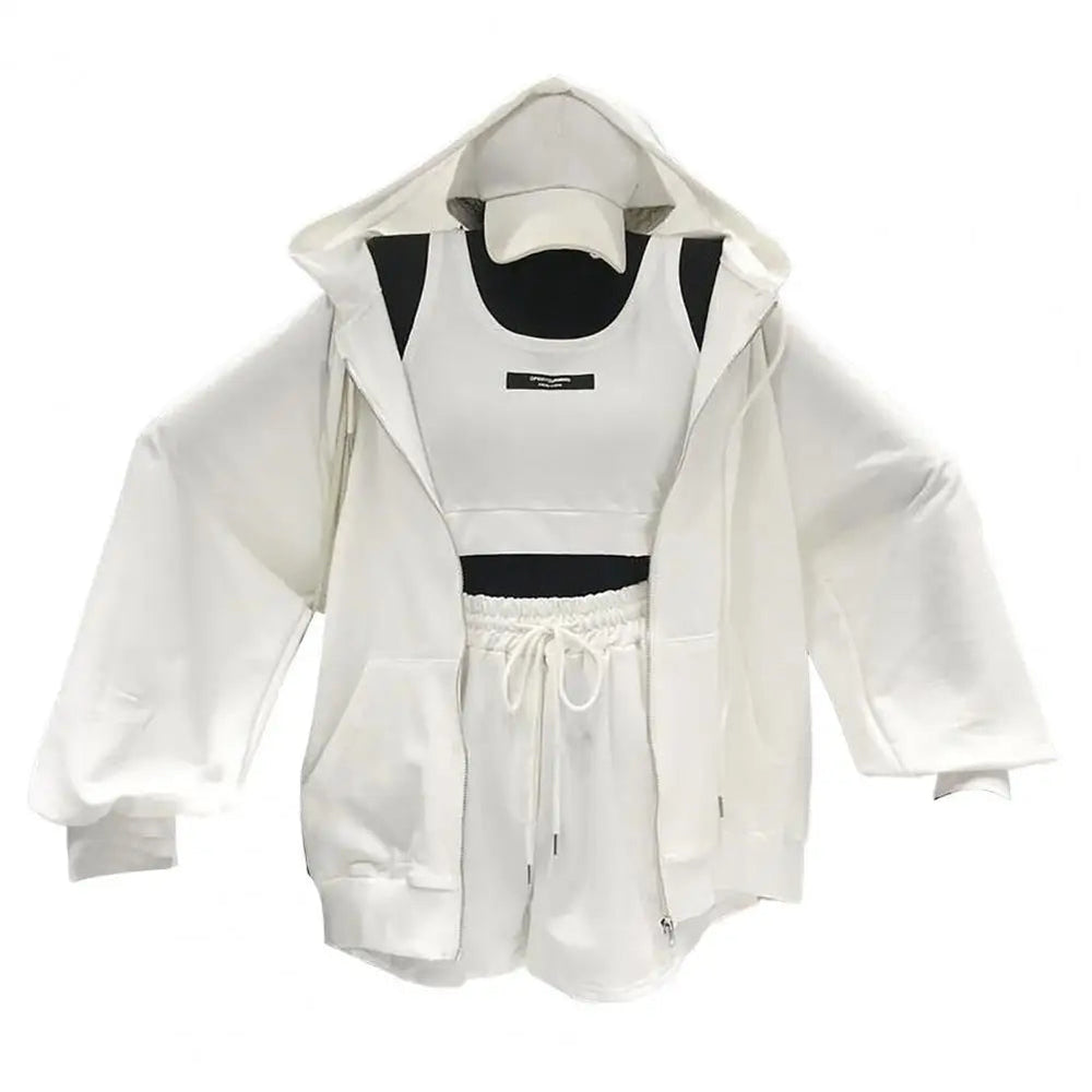Women Coat Super Soft Sports Jacket Polyester Keep Warm  Simple Three Pieces Drawstring Shorts Vest Thin Coat Set Good Vibrations