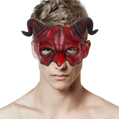 Halloween Demon Mask Horns Devil Half Face Mask Party Cosplay Horror Monster Masquerade Scary Haunted House Props PU Mask Decor Good Vibrations