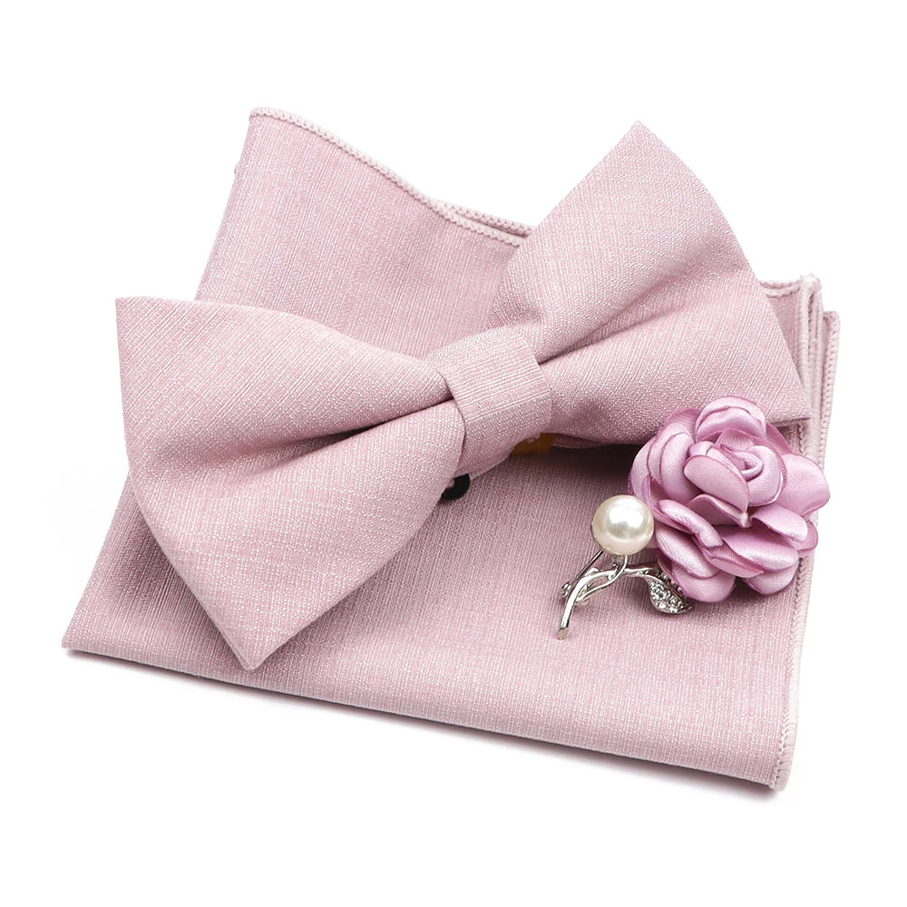 Mens Wedding Bowtie Brooch Set Romantic Solid Color Bamboo Fiber Bowknot Flower Lapel Pin Blue Pink Cravat Suit Shirt Accessory Good Vibrations