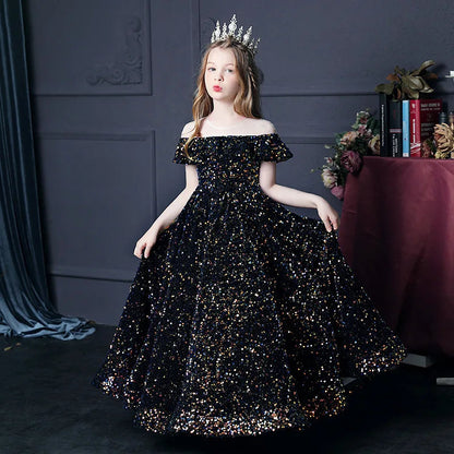 Girl's Western Style Evening Dress Flower Girl Sequined Catwalk Host Piano Performance Princess Dress Good Vibrations