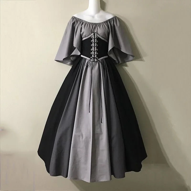 Halloween Costumes for Women Medieval Retro Contrasting Color Slim Swing Dress One-word Shoulder Dress Love Live Cosplay Good Vibrations