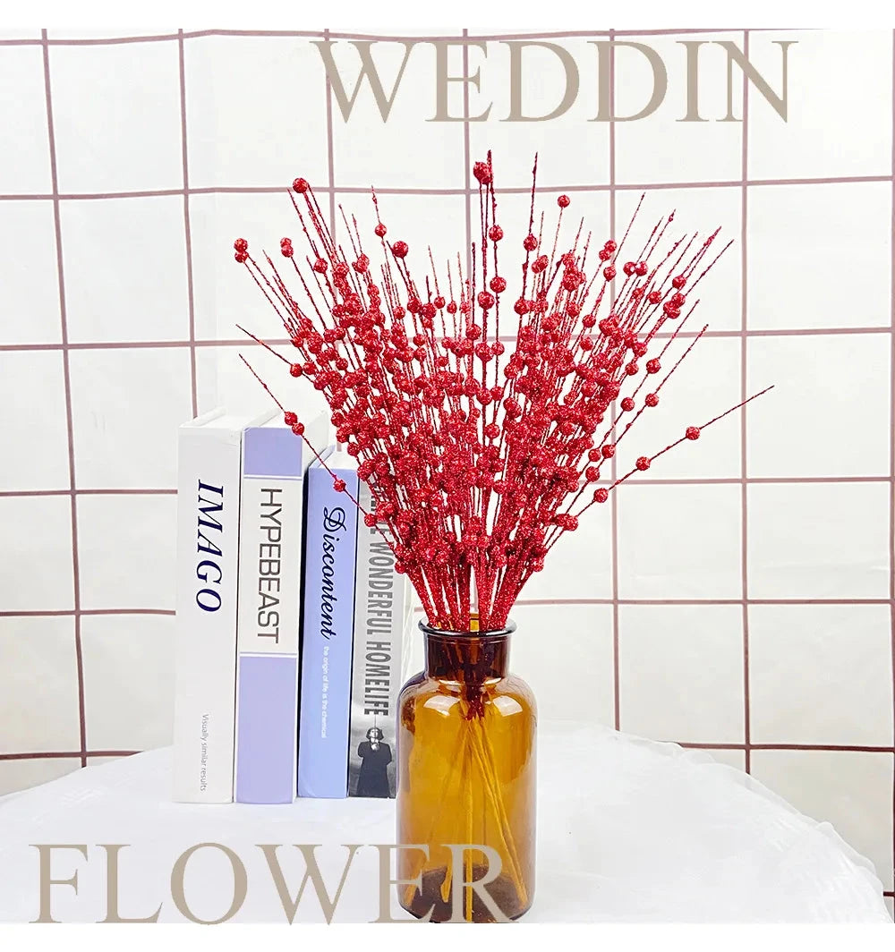 Christmas Tree Decoration, Fake Glitter Berry Leave, Dried Branch, Golden Powder, Flower Material, New Year Party, 1Pc, 12 Forks Good Vibrations