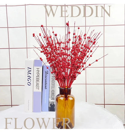 Christmas Tree Decoration, Fake Glitter Berry Leave, Dried Branch, Golden Powder, Flower Material, New Year Party, 1Pc, 12 Forks Good Vibrations