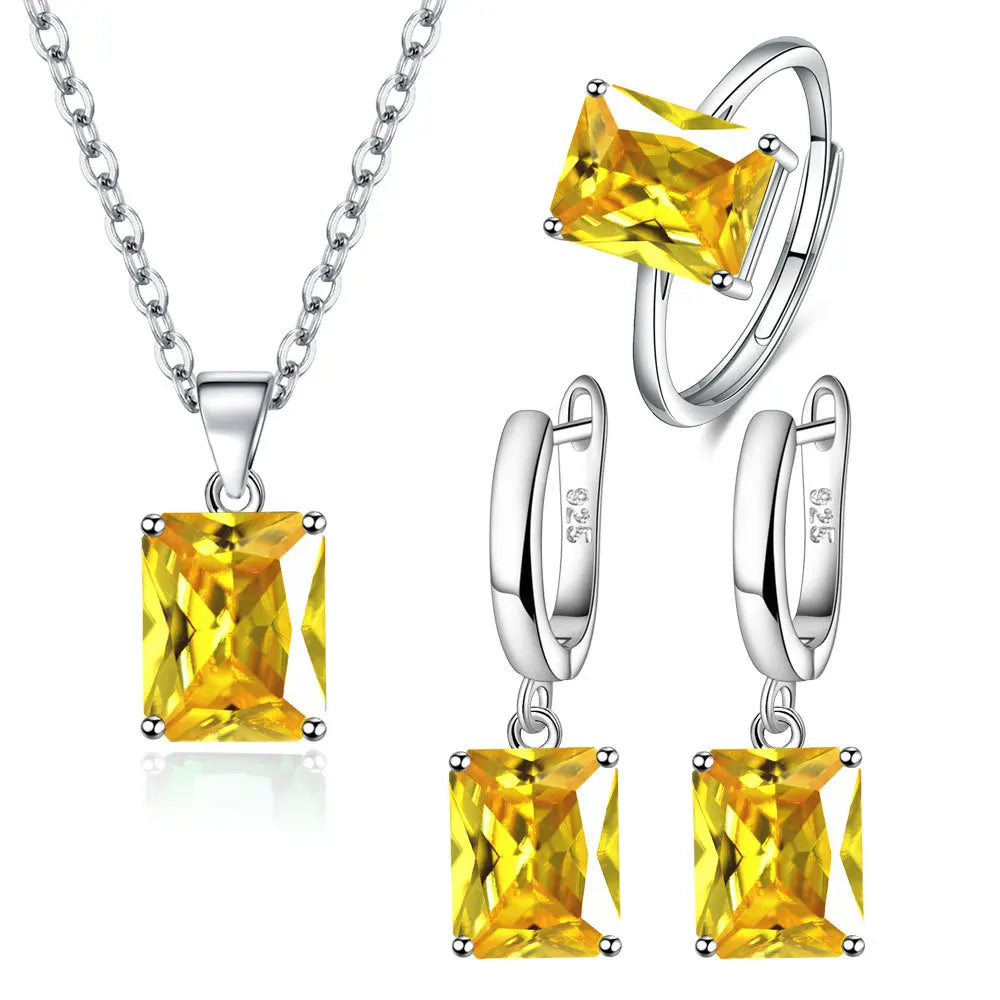 925 Sterling Silver  Elegant Jewelry Sets Ring Earrings Necklace For Women Rectangle Geometry Zircon Wedding Accessories Good Vibrations Adult Super Store