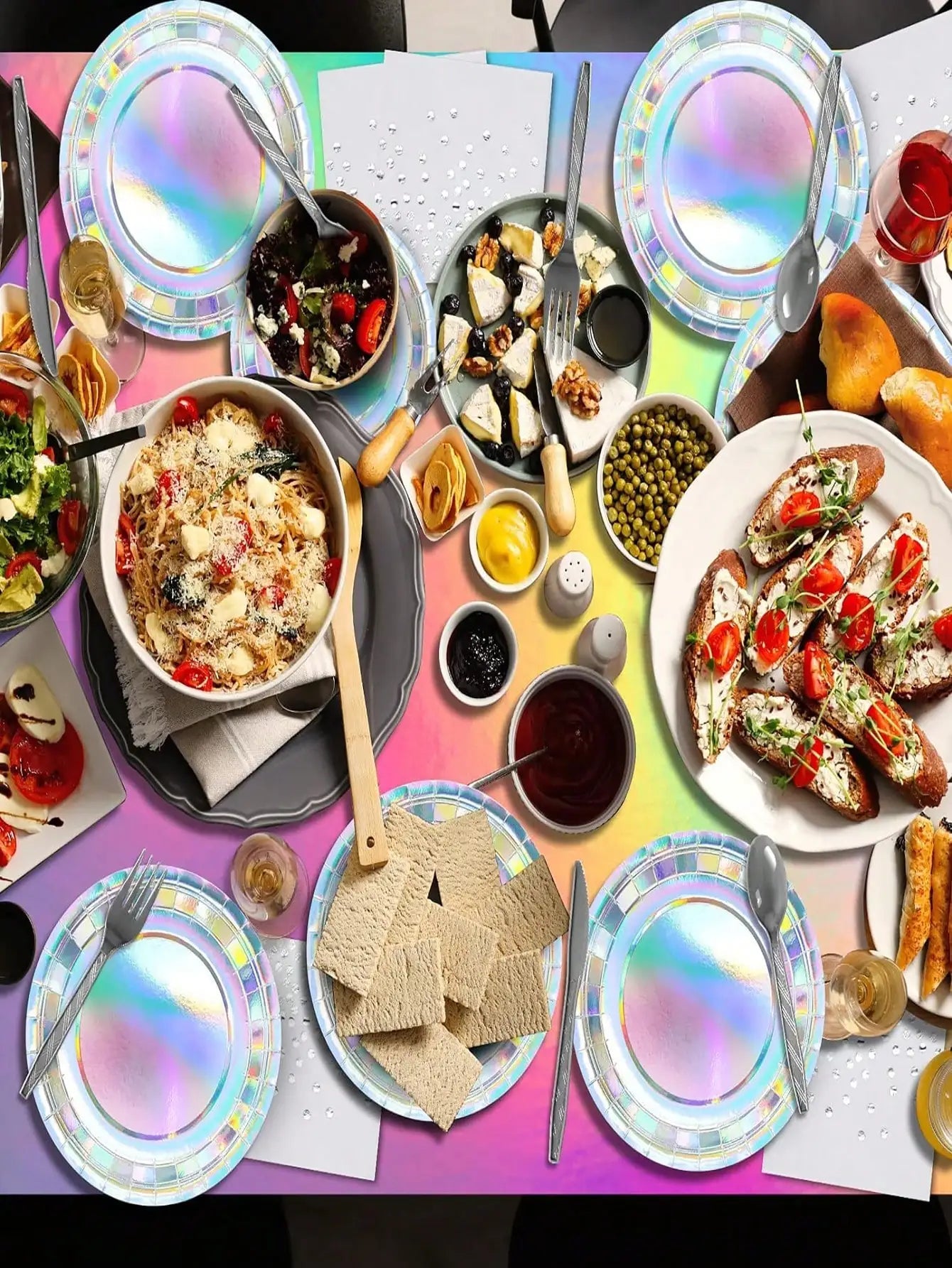 Rainbow Party Supplies Decorations, Holographic Paper Plates and Napkins Set for Birthday Wedding Holiday Party, Christmas Good Vibrations