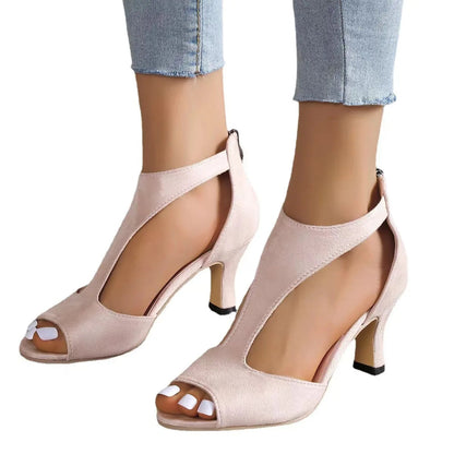 High Heel Womens Fashion Shoes - Zipper Back Closure Chunky French Heel, Round Toe T-strap Design Faux Leather Upper Rubber Sole Good Vibrations