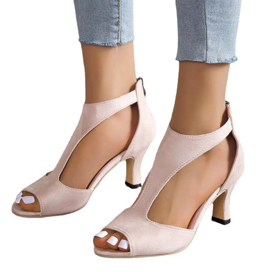 High Heel Womens Fashion Shoes - Zipper Back Closure Chunky French Heel, Round Toe T-strap Design Faux Leather Upper Rubber Sole Good Vibrations