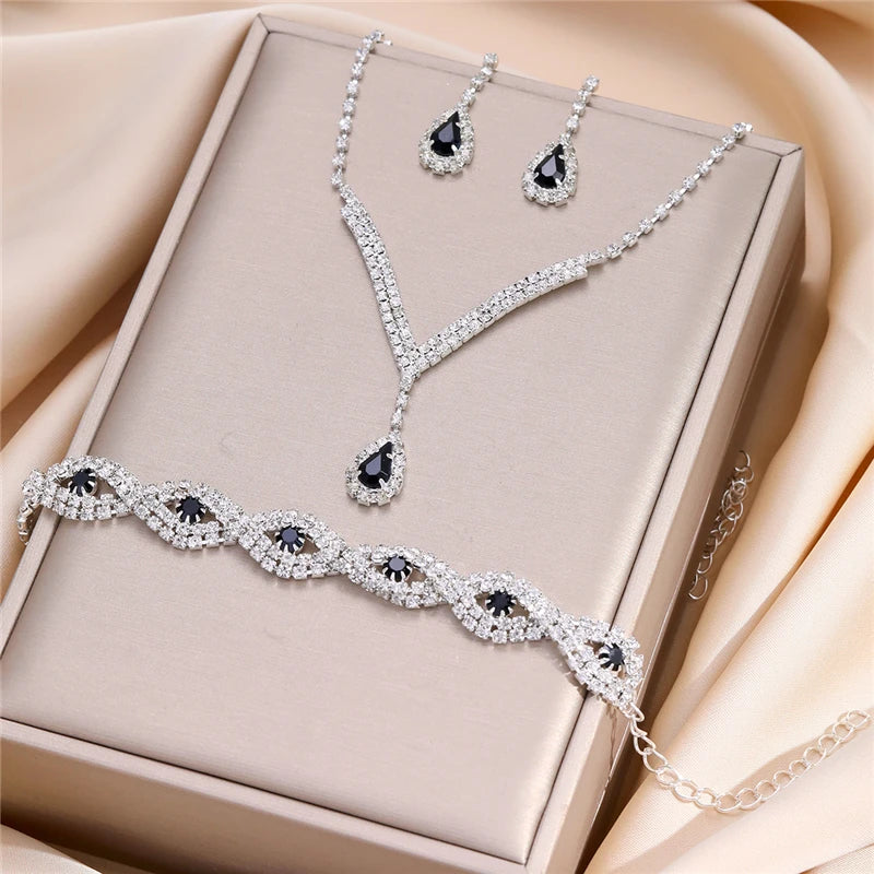 3 Pcs Luxury Rhinestone Bride Jewelry Set for Women Black Water Drop Crystal Earrings Wedding V Necklace Eye Bracelet Fashion Good Vibrations Adult Super Store