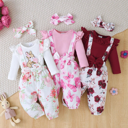 3Pcs Baby Girl Set Flying Sleeve Pit Strip jumpsuit+Printed Strap Pants+Headband Set 0-24 Months Baby Girl Spring Autumn Set Good Vibrations
