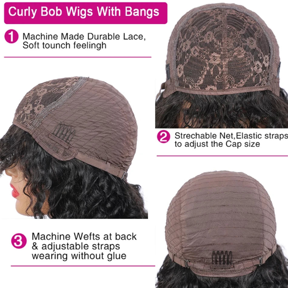 Water Wave Human Hair Wigs with Bangs None Lace Front Wigs Glueless Wigs Virgin Hair for Women 180% Machine Made Wigs Natural Good Vibrations
