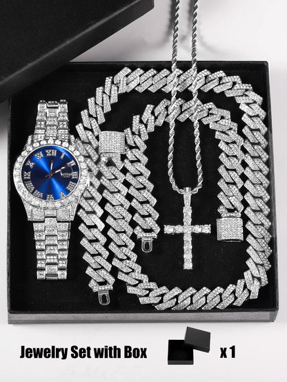 Quartz Watch Set Gift Box Cuban Necklace Bracelet Cross Classic Full Diamond Watch Shining Luxury Gift giving Festival Chain Hip Good Vibrations