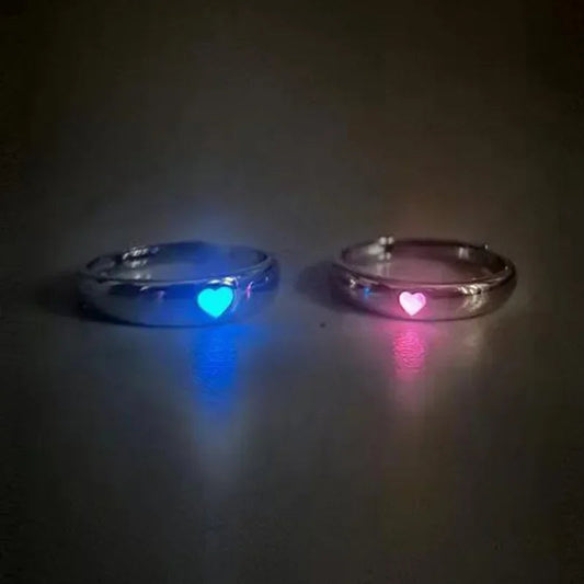 Glow In Dark Ring Luminous Blue Pink Light Love Heart Ring Couples Girls Silver Color Jewelry Adjustable Size New Fashion Rings Good Vibrations