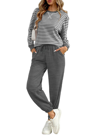 Women' Striped Long Sleeve Two-Piece Set Loose with Pockets Casual Sportswear Yoga Outfit for Outdoor Shopping Good Vibrations