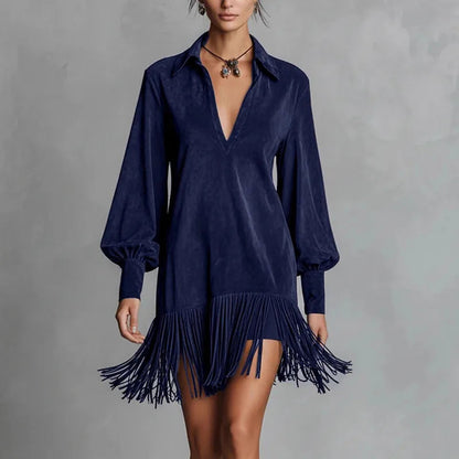 Spring Retro Solid Imitation Suede Tassel Dress Woman Sexy Lapel Hollow A-Line Mini Dress Autumn Long Sleeve Elegant Party Dress Good Vibrations