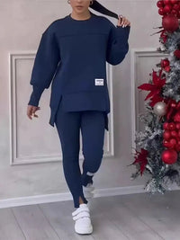 Women's Casual Sweatshirt Sports Set Autumn Winter Fashion Solid Loose Irregular Sweatshirt Top And Slim Trouser Two Piece Sets Good Vibrations