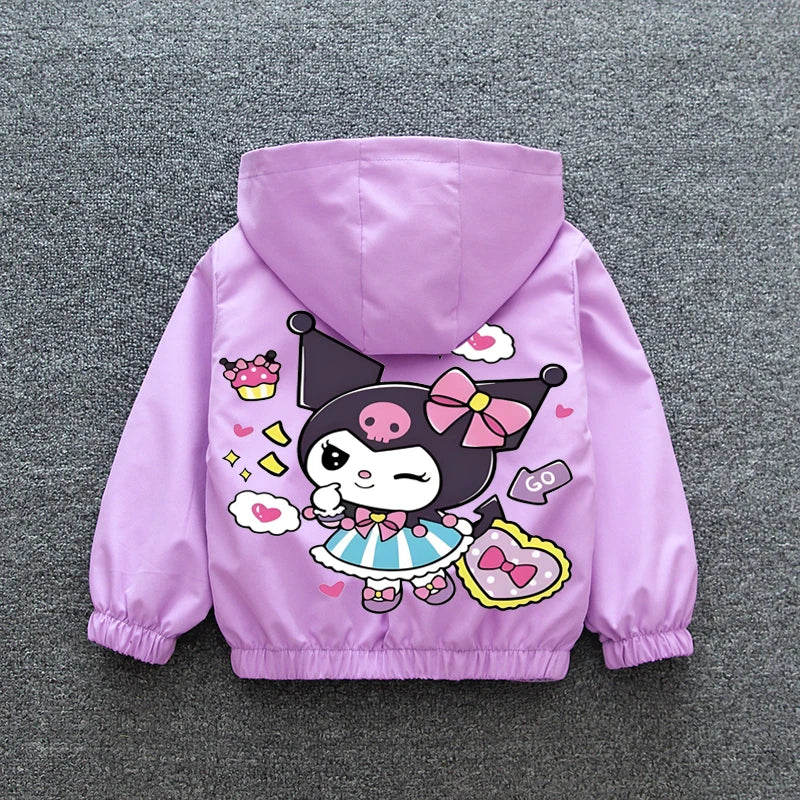 Kuromi Melody Girls Windbreaker Jacket 2024 New Spring Autumn Kid Fashion Cartoon Zipper Hooded Coat Teen Clothing Birthday Gift Good Vibrations