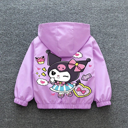 Kuromi Melody Girls Windbreaker Jacket 2024 New Spring Autumn Kid Fashion Cartoon Zipper Hooded Coat Teen Clothing Birthday Gift Good Vibrations
