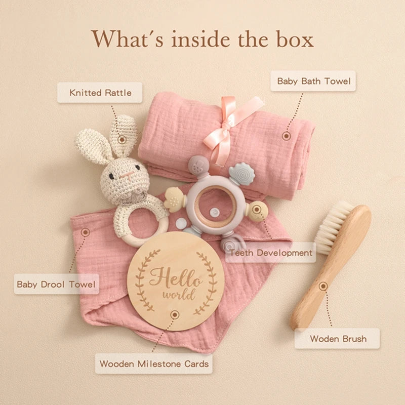 1Set Baby Bath Toy Set Food Grade Silicone Teether Toys Wooden Ring Crochet Rattle Milestones Card Bath Brush For Newborn Gift Good Vibrations