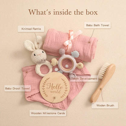 1Set Baby Bath Toy Set Food Grade Silicone Teether Toys Wooden Ring Crochet Rattle Milestones Card Bath Brush For Newborn Gift Good Vibrations