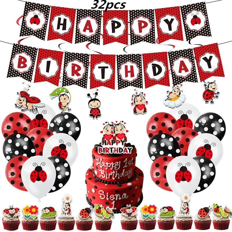 Cartoon Ladybug Theme Birthday Supplies Tablecloth Paper Plate Cup Banner Balloon Party Decoration Set Baby Shower Decoration Good Vibrations