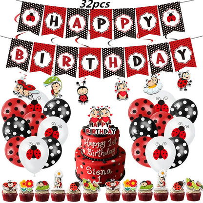 Cartoon Ladybug Theme Birthday Supplies Tablecloth Paper Plate Cup Banner Balloon Party Decoration Set Baby Shower Decoration Good Vibrations