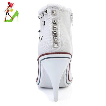 Women Boots Short High Heels Shoes For Women Botas British Style Rivet Ankle Boots Pointed Toe Side zipper strap Female Heels Good Vibrations