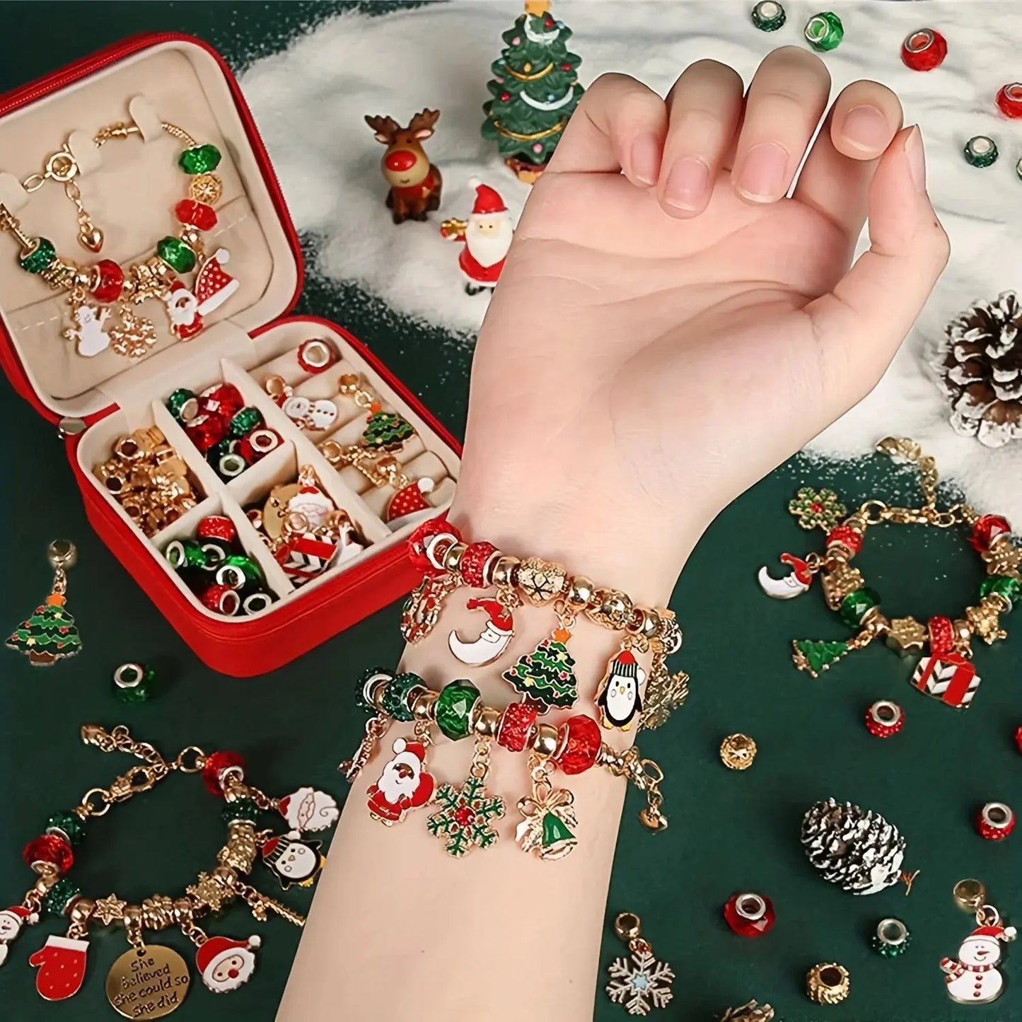 DIY Christmas Gift Set for Women: Elegant Red Green Series Christams Charm Bracelet Making Kit with Beads Jewelry Good Vibrations