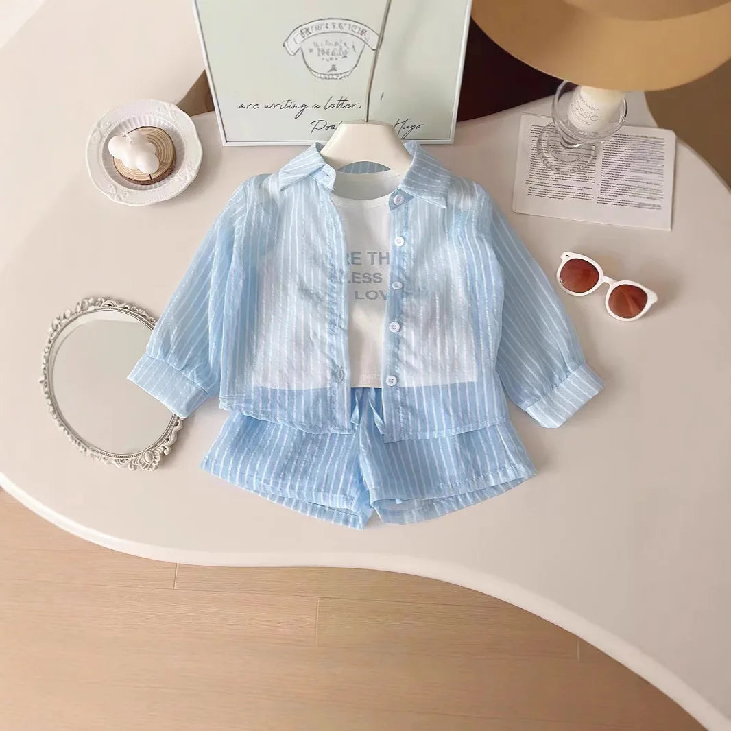 3Pcs Girls Clothing Sets Summer Cool Blouse Shirt+shorts+T-shirt Children Clothes Suits New Kids Outfits Set 2-7Yrs Good Vibrations