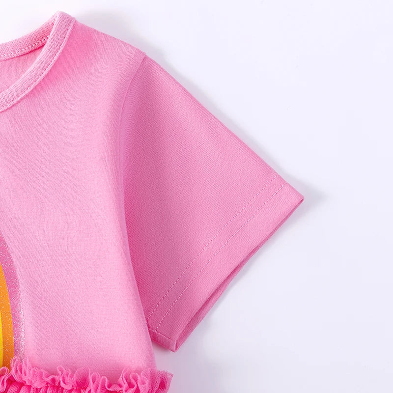 Little maven 2026 Summer Kids Clothes Baby Girls New Cartoon Rainbow Children's Clothing Birthday Mesh Dresses 2-7 Years Good Vibrations