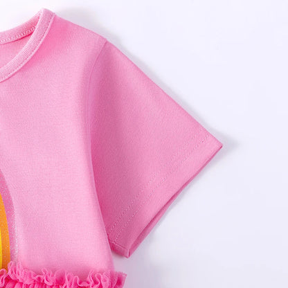 Little maven 2026 Summer Kids Clothes Baby Girls New Cartoon Rainbow Children's Clothing Birthday Mesh Dresses 2-7 Years Good Vibrations