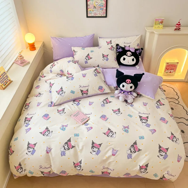 Sanrio 100% Cotton Bedding Set Cute Hello Kitty Kuromi Melody King Queen Pillowcase Bed Linens Girl Dorm Bedclothes Home Textile Good Vibrations