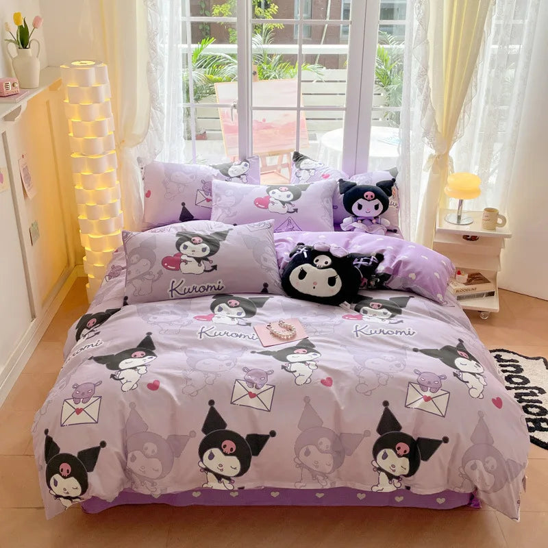 Sanrio 100% Cotton Bedding Set Cute Hello Kitty Kuromi Melody King Queen Pillowcase Bed Linens Girl Dorm Bedclothes Home Textile Good Vibrations