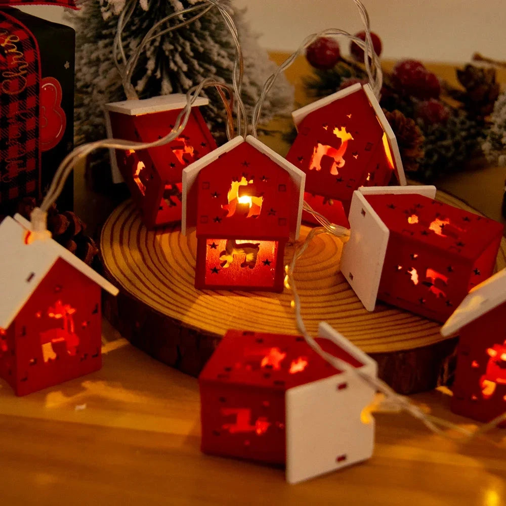 Christmas Wooden House LED String Light Xmas Tree Garland Home Fairy Lamp Merry Christmas Hanging Ornament 2025New Year Gift Noe Good Vibrations