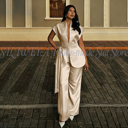 Modern Women Suits For Wedding Business Fashion 2 Pieces Sets Elegant Women's Sets Outfits Short Sleeves Jacket Pants Customized Good Vibrations