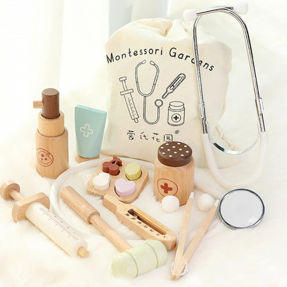 Children playing house simulation, doctors, nurses, stethoscopes, medical kits, syringes, toy sets, wooden boys and girls Good Vibrations