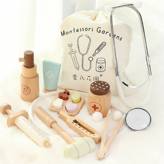 Children playing house simulation, doctors, nurses, stethoscopes, medical kits, syringes, toy sets, wooden boys and girls Good Vibrations