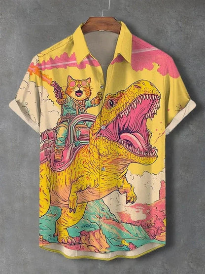 Men's Cat Graphics Shirts Short Sleeved Button Down Lapel Shirt For Summer Oversized Tops Vacation Casual Hawaiian Shirts Good Vibrations