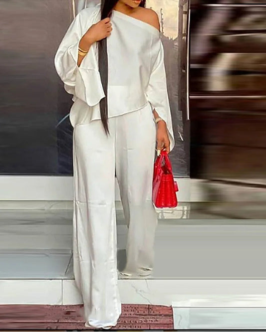 Women's Wide Leg Pants Two Piece Set Fashion Off Shoulder Shirt And Pants Sets Autumn Winter Casual Loose Solid Suit Good Vibrations