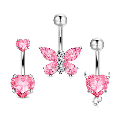 3pcs/Set Stainless Steel Color Cubic Zirconia Navel Rings Round Butterfly Heart Cherry Shapes Fashion Body Piercing Jewelry Good Vibrations Adult Super Store