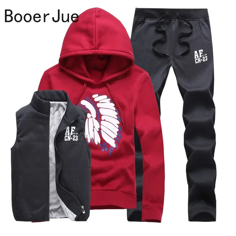 3 Pieces Set Hoodies+Vest+Pants Casual Men's Track Suit Clothing Coats Winter Thick Warm Tracksuit for Men Printed Mens Set Vest Good Vibrations