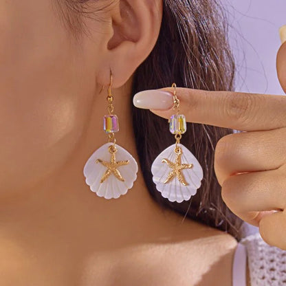 Fashion Asymmetric Ocean Style Earrings Stud  For Women Starfish Shell Earring Ear Ring Imitation Pearl Zircon Jewelry Gift Good Vibrations